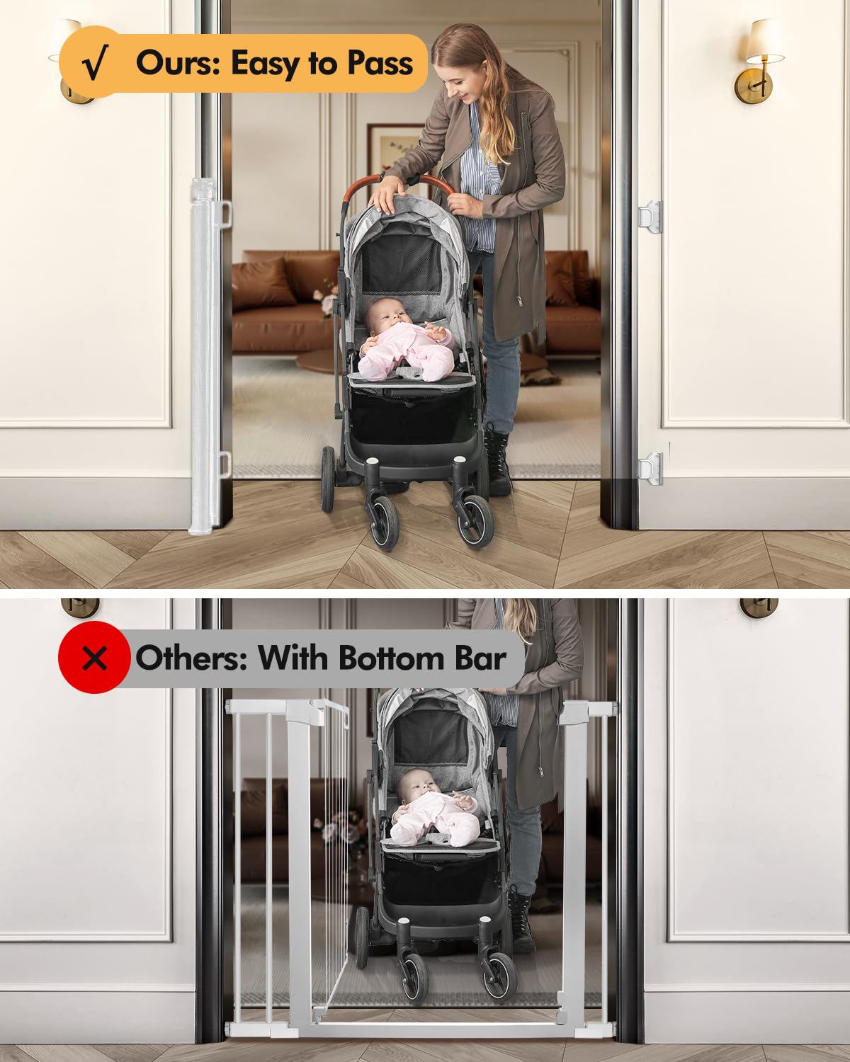 Retractable Baby Gate for Stairs & Doorways, 55 Wide x 33.6 Tall Easy Installation Mesh Dog Gate for Indoor & Outdoor Use,Pet and Dog Safety Gate for Hallways(White)